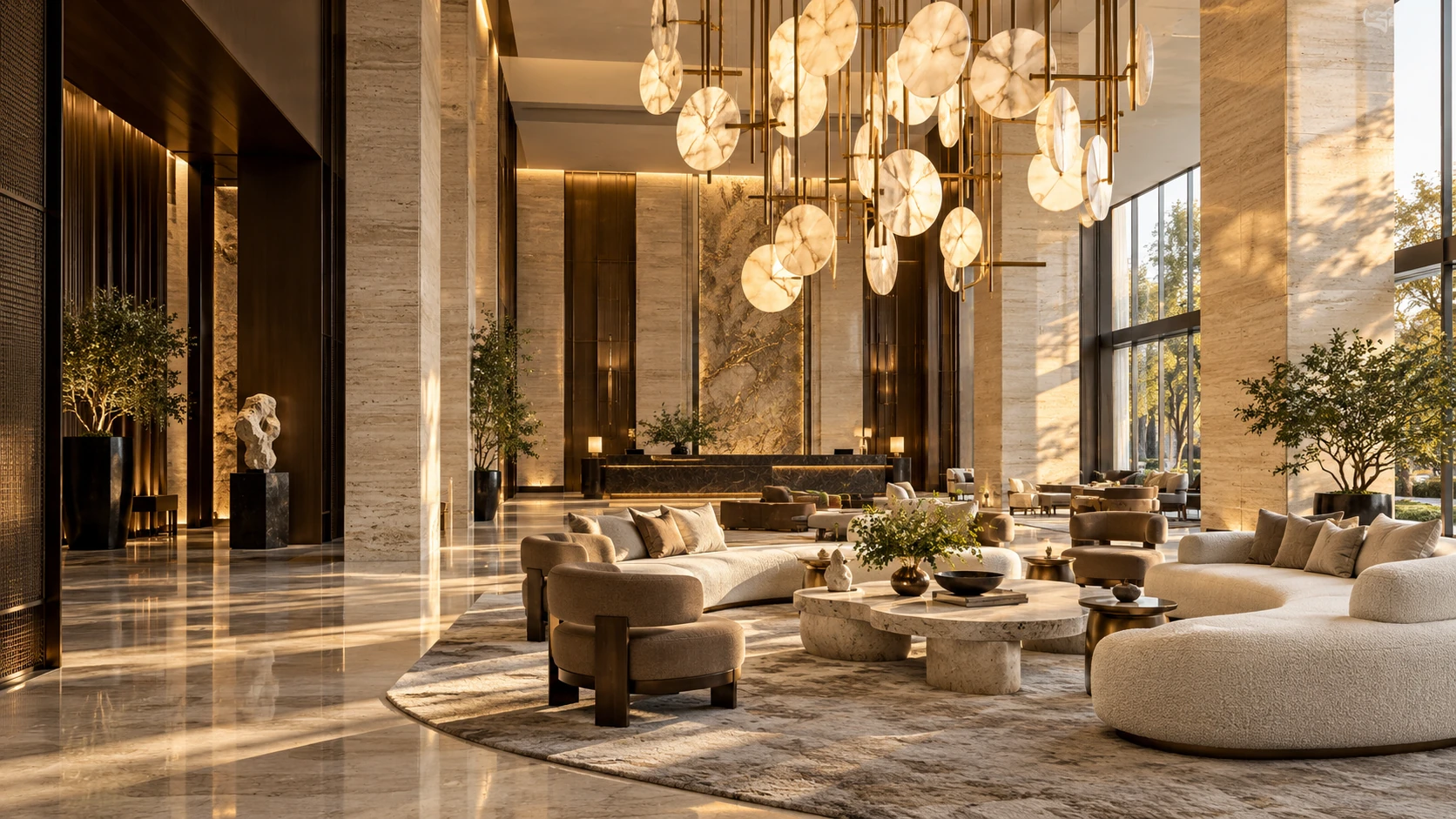 AI-created luxury hotel lobby with stone architecture, an artistic chandelier and curved bespoke sofas